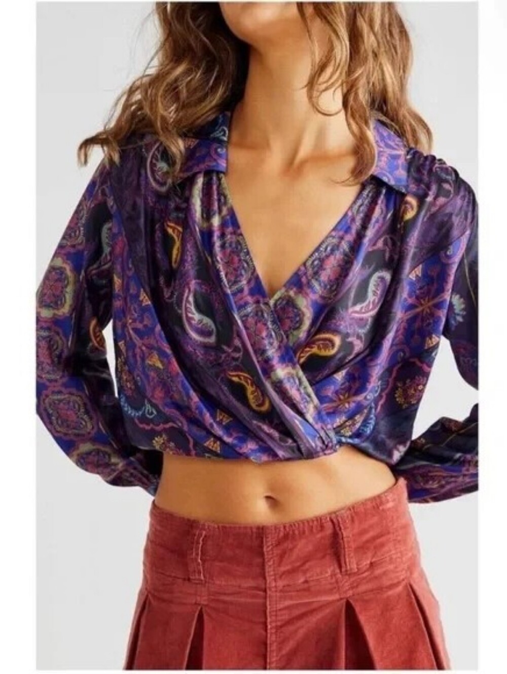 Free People Lana Surplice Faux Wrap Top Paisley Print Blue Purple Sz M